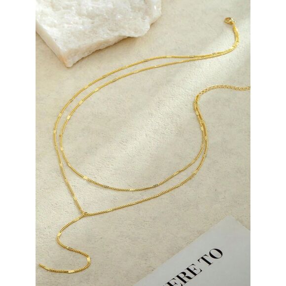 14K Gold Plated Double Layered Chain Necklace Y-Drop Choker Stacked Dainty New - Picture 4 of 5